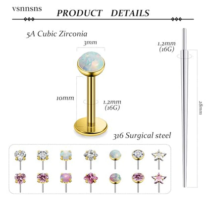 Vsnnsns 14K Gold Plated 16G 18G 20G Threadless Nose Rings Studs Flat Back Earrings Stainless Steel Tragus Helix Conch Earrings Stud Snake Bite Lip Rings Labret Medusa Piercing Jewelry for Women Men - color: 14K Gold Plated-16G-10MM Bar Lenght