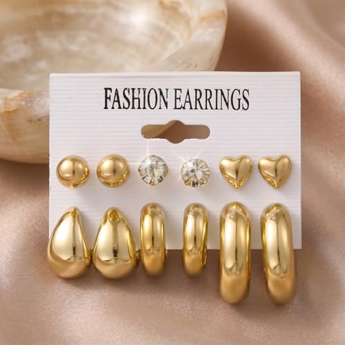 12-24pcs Handmade Crystal Heart CZ Earrings Pack Chunky Gold Earrings for Women Drop Stainless Steel Earrings Set - color: VC003/Drop12p/Gold