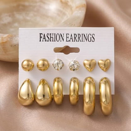 12-24pcs Handmade Crystal Heart CZ Earrings Pack Chunky Gold Earrings for Women Drop Stainless Steel Earrings Set - color: VC003/Drop12p/Gold