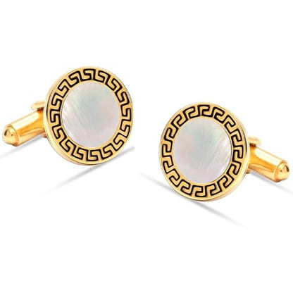 LeCalla 925 Sterling Silver Men's Cufflink | Silver Cufflinks For Men Jewelry | 14K Gold-Plated Cufflinks Business Wedding Shirt Accessories Gift for Son, Father, Husband - style: MOP Greek-Key