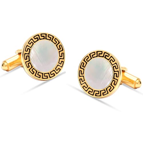 LeCalla 925 Sterling Silver Men's Cufflink | Silver Cufflinks For Men Jewelry | 14K Gold-Plated Cufflinks Business Wedding Shirt Accessories Gift for Son, Father, Husband - style: MOP Greek-Key