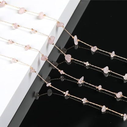 KYUNHOO 16.4FT Light Pink Natural Gemstone Jewelry Making Chain Supplies | Gold Plated Brass Chains Bulk Stone Link Chain Roll witj Clasps for Crafts DIY Jewelry Findings - color: Natural Stone-Light Pink