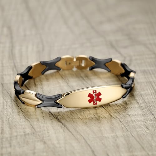 LinnaLove Fashion Shiny medical alert bracelet with Free Engraving Stainless steel Medical id bracelet for Women - color: GOLD-BLACK