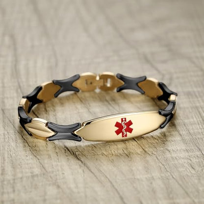 LinnaLove Fashion Shiny medical alert bracelet with Free Engraving Stainless steel Medical id bracelet for Women - color: GOLD-BLACK