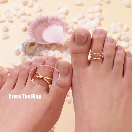 PLOMFOV 14K Gold Filled Gold Toe Rings for Women Adjustable Toe Rings Non Tarnish Solid 14K Real Gold Toe Ring - style: Cross