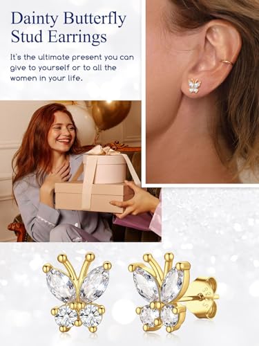 Suplight Butterfly Stud Earrings 925 Sterling Silver 14K Gold Brithstone Earrings for Women Brithstone Jewelry Gifts - color: 04.April ( Clear Quartz), size: Gold