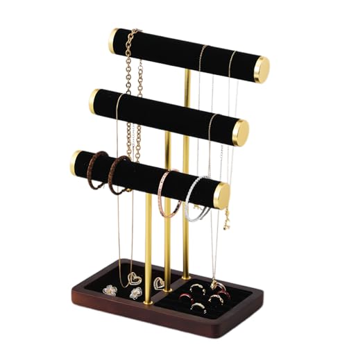 modern T-shaped jewelry rack, jewelry tower, gold metal, square ceramic base decoration display tower, necklace, bracelet, ring storage rack (3-layer black velvet) - style: 3-layer black velvet
