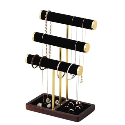 modern T-shaped jewelry rack, jewelry tower, gold metal, square ceramic base decoration display tower, necklace, bracelet, ring storage rack (3-layer black velvet) - style: 3-layer black velvet