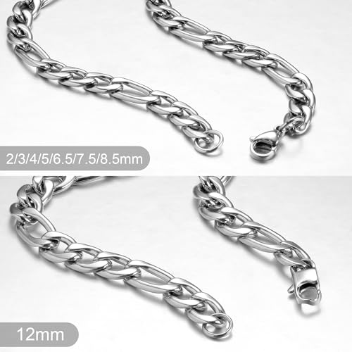Monily 24K Gold Plated Figaro Chain Stainless Steel Necklace Men Women - color: Silver 7.5mm