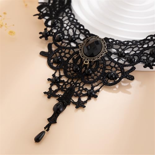 Black Lace Choker Necklace for Women Halloween Gothic Vampire Red Crystal Necklaces Steampunk Cosplay Costume Party Necklace Halloween Jewelry - color: Black