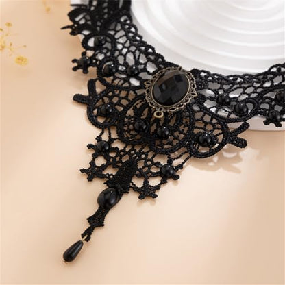 Black Lace Choker Necklace for Women Halloween Gothic Vampire Red Crystal Necklaces Steampunk Cosplay Costume Party Necklace Halloween Jewelry - color: Black