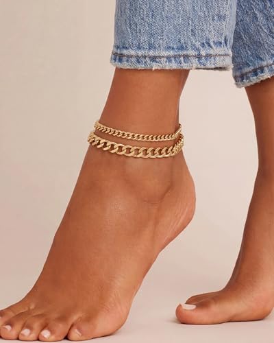 Tewiky Chunky Ankle Bracelets for Women,Dainty Layered Waterproof Anklet for Women Adjustable Cuban Set Stackable Cute Summer Beach Jewelry Gift - color: gold
