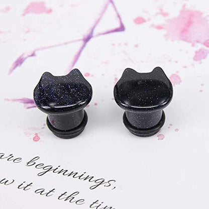 Cute Cat Natural Organic Stone Ear Plug Single Flare Ear Tunnel Gauge Stretcher Ear Expander Piercing 2g-5/8 - color: Blue Sandstone, Gauge=00g(10mm)