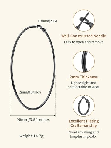 FindChic Thin Hoop Earrings for Women,Silver/Black/Gold Plated 20-100mm - color: Black, size: 90mm