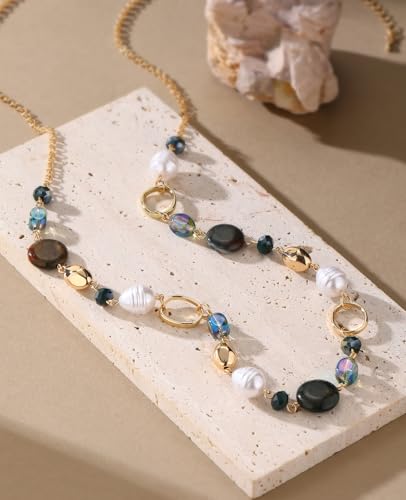 Long Gold Necklaces for Women Trendy Beaded Chain Necklace Chunky Costume Jewelry Gifts for Her - color: Green Agate