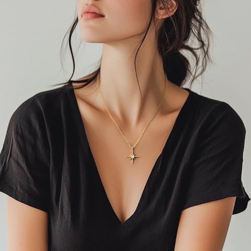 FENIMI Gold Necklace for Women 14K Gold Pendant Necklaces for Women North Star Necklace Pendant with Cubic Zirconia Gentle and Beautifully Bright Dainty Chunky Star Jewelry for Womens