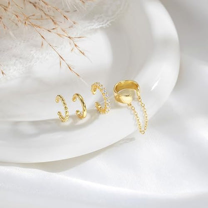 14K Gold Plated Ear Cuff Earrings for Women, Dainty Ear Cuffs Non Piercing Clip on Earrings Trendy Non pierced Cubic Zirconia Fake Hoop Earring Jewelry Sets for Women - color: Gold-2
