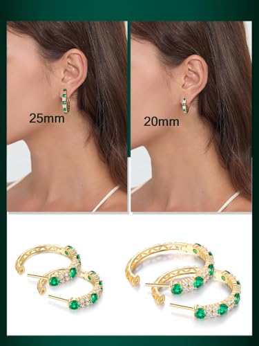 Women's Huggie Hoops with Birthstone 925 Sterling Silver Huggie Stud Hypoallergenic 14K Gold Plated Moissanite Earrings -Emerald Sapphire Ruby Hoop Earrings, Size 20 25mm - color: A -Emerald Gold, size: 20mm (0.78 Inch)