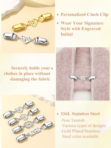 Custom4U Personalized Sweater Clips for Cardigans, Custom Name Initials Cinch Clip, Stainless Steel Dress Clips Back Cinch Shirt Clips for Women Clothing, Shawl Dress Shirts Cincher Small Brooch Jewelry Gifts - color: Steel Color-Heart
