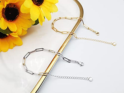 Dainty Bracelets for Women Paperclip Chain Bangles Handmade Tiny Cute Oval and Round Beaded Bracelet 316L Stainless Steel Jewelry Gift for Best Friend - style: Oval Chain Gold