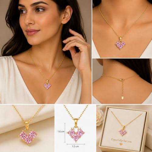 Rich London 18K Rose Gold Plated 2-in-1 Clover Heart Pendant Necklace for Women | Elegant Crystal Charm Jewellery - color: 3 Stone