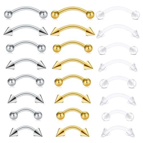 FECTAS 24PCS Eyebrow Rook Piercing Jewelry 16G Earrings Vertical Labret Lip Jewelry Curved Barbell Eyebrow Rings Ear Rook Helix Conch Daith Piercing Jewelry 6/8/10/12mm Plastic Retainers - color: silver,gold,clear