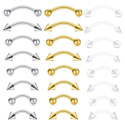 FECTAS 24PCS Eyebrow Rook Piercing Jewelry 16G Earrings Vertical Labret Lip Jewelry Curved Barbell Eyebrow Rings Ear Rook Helix Conch Daith Piercing Jewelry 6/8/10/12mm Plastic Retainers - color: silver,gold,clear