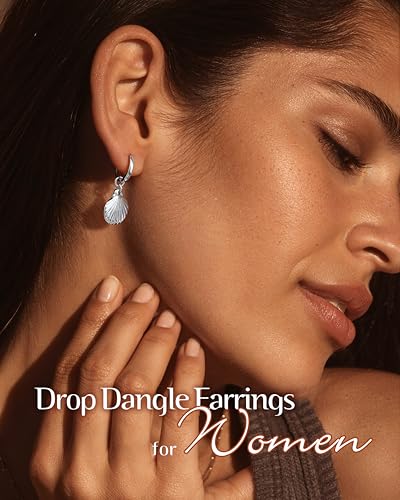 FIBO STEEL 14K Gold Plated Hoop Earrings with Charms for Women Huggie Hoops | Hypoallergenic 925 Sterling Silver Post Dangle Earrings Small Silver Gold Hoops Earring Cubic Zirconia Dangle Drop Jewelry - color: Shell - Silver Plated