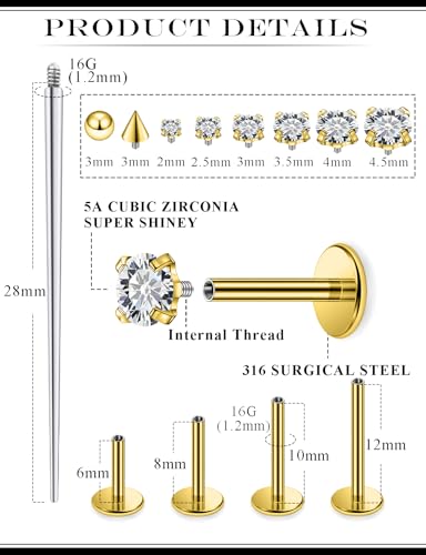 16G Internal Thread Flat Back Earrings Nose Studs 316L Surgical Steel Tragus Forward Helix Conch Cartilage Lobe Earrings Stud Medusa Labret Monroe Lip Ring Piercing Jewelry For Women Men