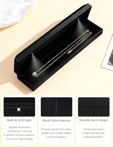 Hatori Long Chain Necklace Jewelry Gift Box with LED Light, Bracelet Storage Case, Jewellry Display Box for Wedding, Engagement, Proposal, Birthday, Anniversary - color: Black