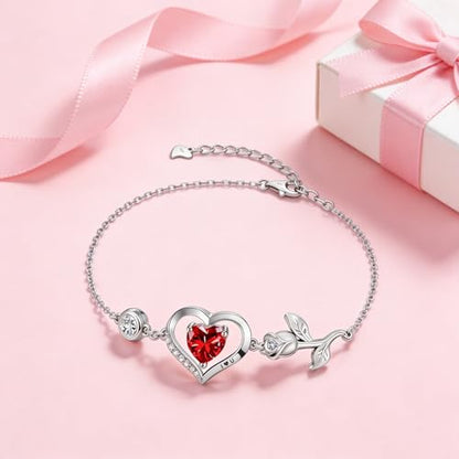 1CT Rose Heart Birthstone Bracelet for Women Love Gift - style: 01/07-Jan/July Ruby Silver