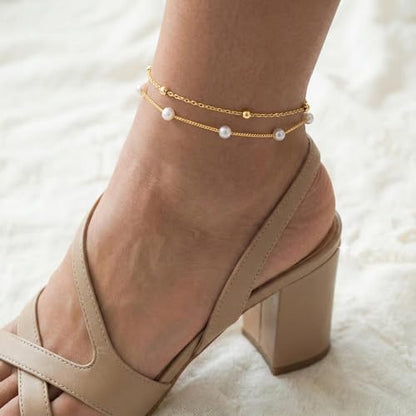 MFRYK Gold Plated Layered Anklet for Women, Adjustable Ankle Bracelet Gift | Adjustable layered chain anklet,secure clasp,waterproof,tarnish-resistant,lightweight,for beach,vacation,parties,daily wear - color: gold