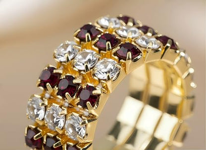 Sparkling Rhinestone Ring Set Trendy Elastic Rhinestone Crystal Stretch Ring Stackable Jewelry for Women Girls - color: 3 Rows Ring-Golden+White+Red