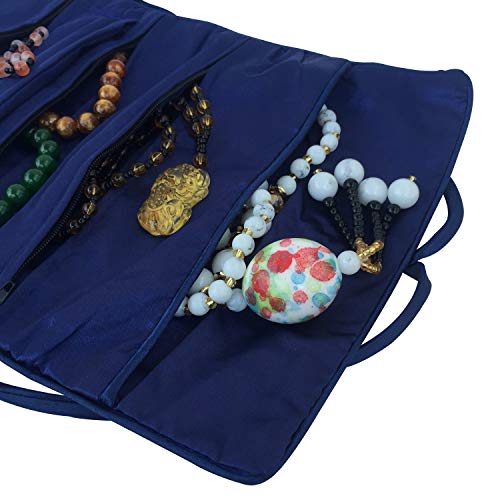 Travel Jewelry Roll Bag - Silk Embroidered Brocade Pouch for Rings, Necklaces, Earrings, Bracelets | Lightweight & Tie Closure (Navy Blue) - color: Navy Blue