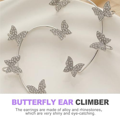 Rhinestone Butterfly Ear Cuffs for Women (1 Pair) Non-Pierced Elf Ear Wrap Clip-On Crawler Earrings for Weddings Special Occasions