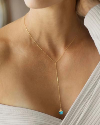 Lariat Necklace for Women Dainty Gold Long Crystal Drop Y-Shaped Necklace | 14k Gold Plated Crystal Drop Necklace Trendy Non Tarnish Simple Gold Jewelry For Wedding, Prom, Daily - color: Turquoise
