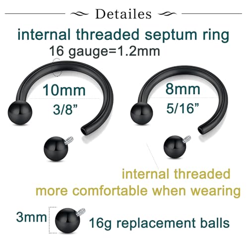 Longita Internally Threaded Septum Ring Silver Black Gold Septum Rings 16G Septum Piercing Surgical Steel Septum Jewelry Septum Nose Rings 16 Gauge Small Septum Ring Horseshoe with Replacement Balls - color: C3-silver+black-8+10mm