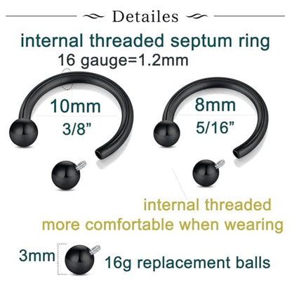 Longita Internally Threaded Septum Ring Silver Black Gold Septum Rings 16G Septum Piercing Surgical Steel Septum Jewelry Septum Nose Rings 16 Gauge Small Septum Ring Horseshoe with Replacement Balls - color: C3-silver+black-8+10mm