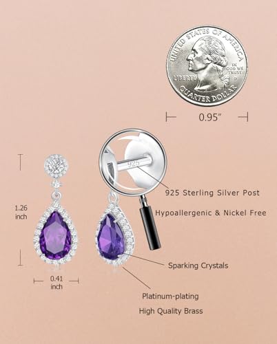Silver Diamond Dangle Earrings for Women Rhinestone Teardrop Crystal Cubic Zirconia Drop Dangling Wedding Costume Jewelry - color: 06.June-White Gold Plated | Purple