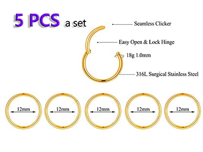 5Pcs 16G 18G Surgical Steel Nose Rings Hoop Tragus Septum Cartilage Hoop Earrings For Women Men Body Piercing Jewelry Kit Bar Length 6mm/8mm/10mm/12mm/14mm - style: 5Pcs -18G - Gold - 12mm