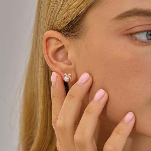 Plenky Pearl Earrings-14K Gold Plated Dainty Pearl Drop Simple Wedding CZ Dangle Dangling Cute Stud Earrings for Brides Earrings for Women Gifts - style: CZ Bow Pearl Earrings