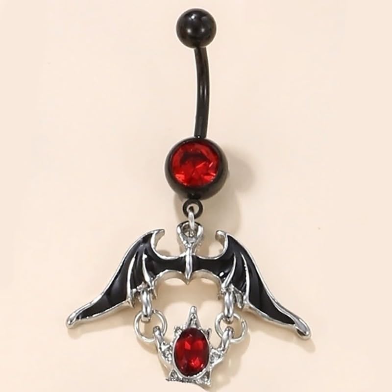 14G Black Bat Crystal Dangle Belly Button Ring for Women 316L Surgical Steel Red Cubic Zirconia Dangling Belly Navel Barbell Rings Halloween Gothic Body Piercing Jewelry