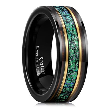 King Will Wood Wedding Band Wood Inlay for Men - color: Wood & Green Leather-8mm