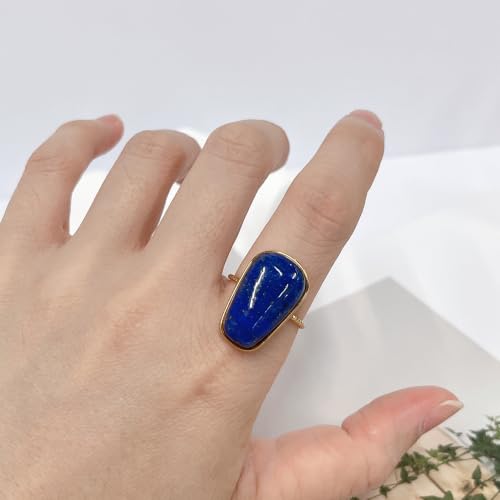 OIDIMS Gemstone Statement Ring for Women Gold-Tone Stainless Steel Natural Stone Rose Quartz Aventurine Turquoise Adjustable Open Band Stacking Finger Rings Boho Cocktail Wedding Party Jewelry - color: Lapis Lazuli