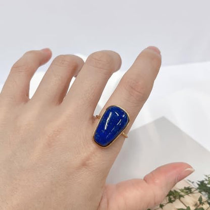 OIDIMS Gemstone Statement Ring for Women Gold-Tone Stainless Steel Natural Stone Rose Quartz Aventurine Turquoise Adjustable Open Band Stacking Finger Rings Boho Cocktail Wedding Party Jewelry - color: Lapis Lazuli