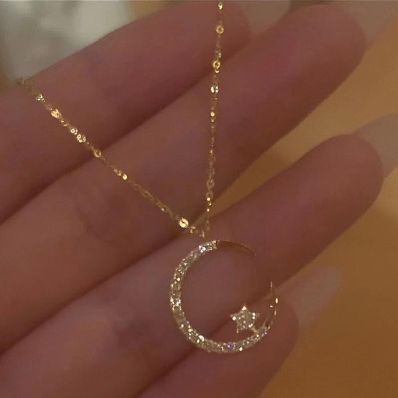 1 Pc, Gold Tone Beaded Chain, CZ Moon & Star Pendant Necklace, Minimalist Dainty Style, Trendy Outfit Matching (Gold)