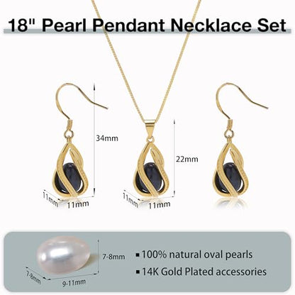 Pearl Jewelry Set For Women S925 Sterling Silver/14K Gold Plated Necklace & Earrings Set Freshwater Pearl Pendant Cage Set for Wedding Anniversary Prom Birthday Gift - color: Golden-Black