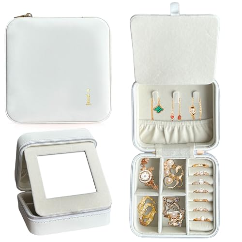 COLLECTIVE HOME - Travel Jewelry Case, Elegant Square Design with Gold Engraved Monogram, Built-in Mirror, Personalized Accessory Organizer for Rings, Necklaces, Gift for Women and Teens (i) - color: i