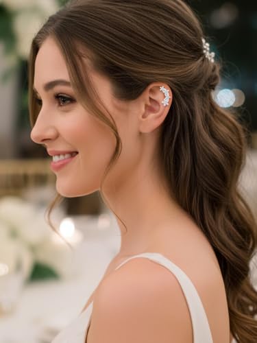 Moissanite 20mm Butterlfy/Flower/Leaf/Bezel Crawler Stud Earrings for Women, 925 Sterling Silver with Gold Plated, Hypoallergenic Cartilage Earrings, Valentines Birthday Anniversary Wedding Gift - color: Flower - White Gold