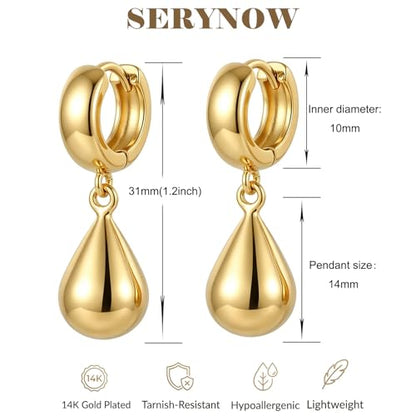 14K Gold Plated Chunky Huggie Hoop Earrings, Plump Teardrop Dangle Drop Earrings Elegant Statement Jewelry for Women - color: teardrop-short/gold